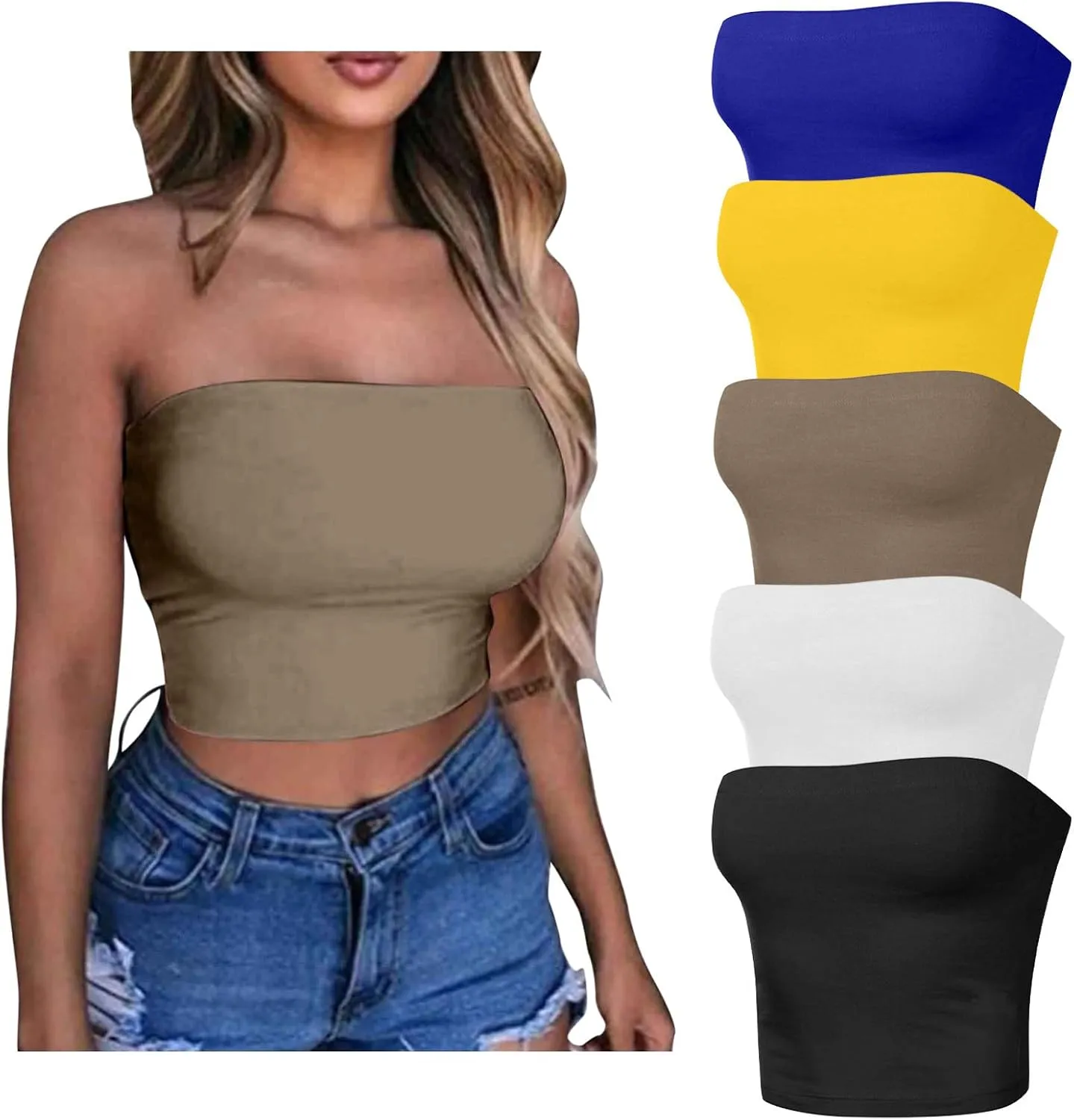HGps8w 5 Pack Women's Cute Tube Crop Tops Strapless Basic Solid Sleeveless Stretchy Seamless Bandeau Shirts