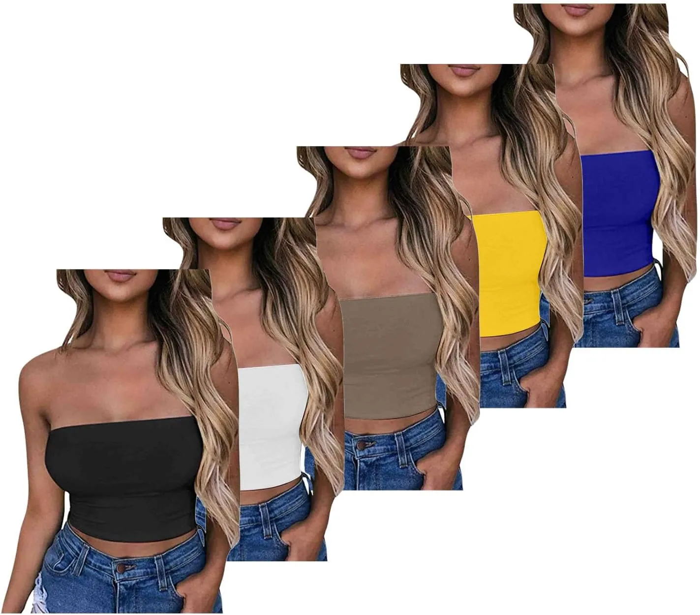 HGps8w 5 Pack Women's Cute Tube Crop Tops Strapless Basic Solid Sleeveless Stretchy Seamless Bandeau Shirts