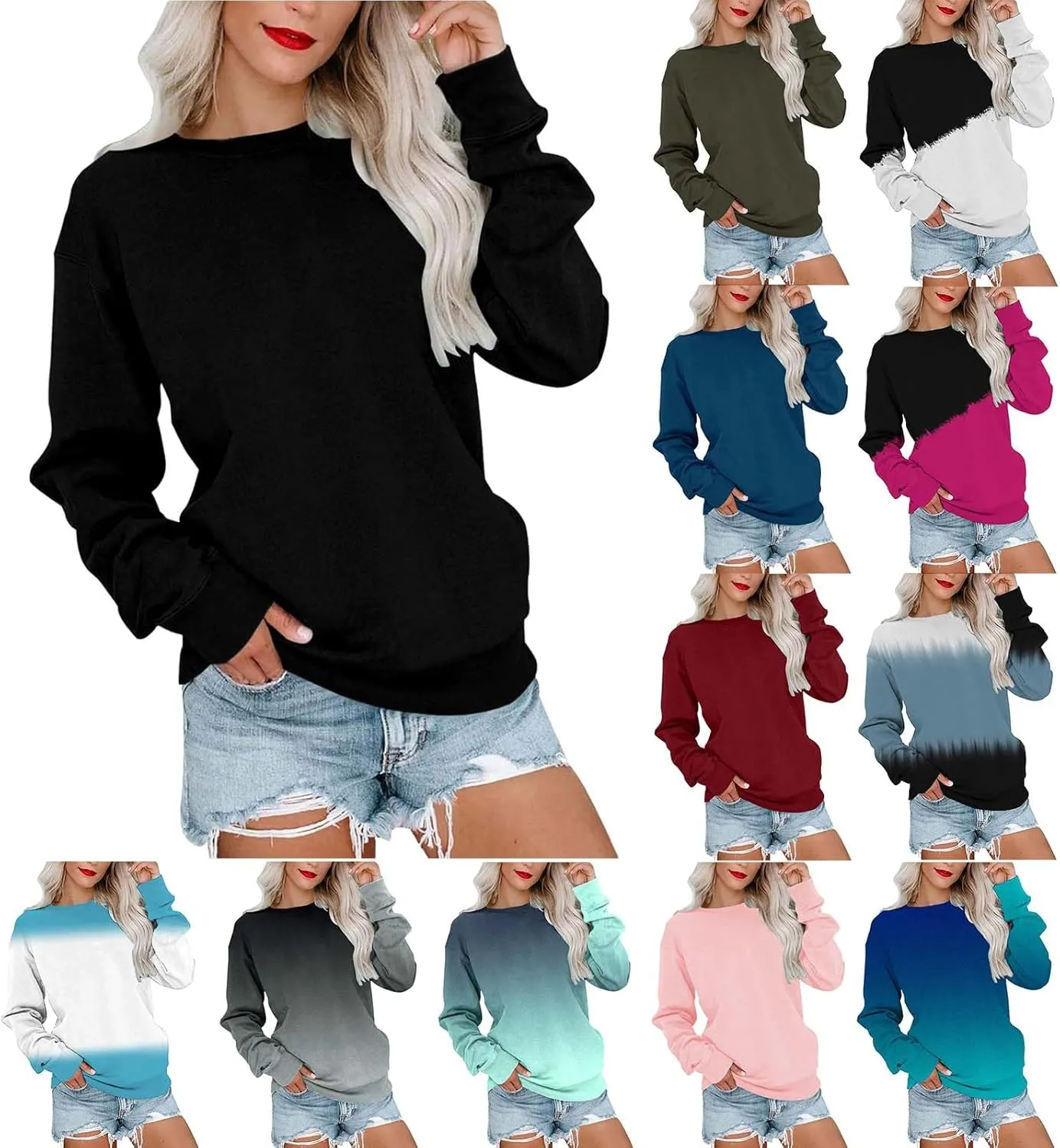 Hoodies for Women Pullover Casual Long Sleeve Sweatshirt Crewneck Cute Classic Relaxed Fit Solid Gradient Tunic Tops