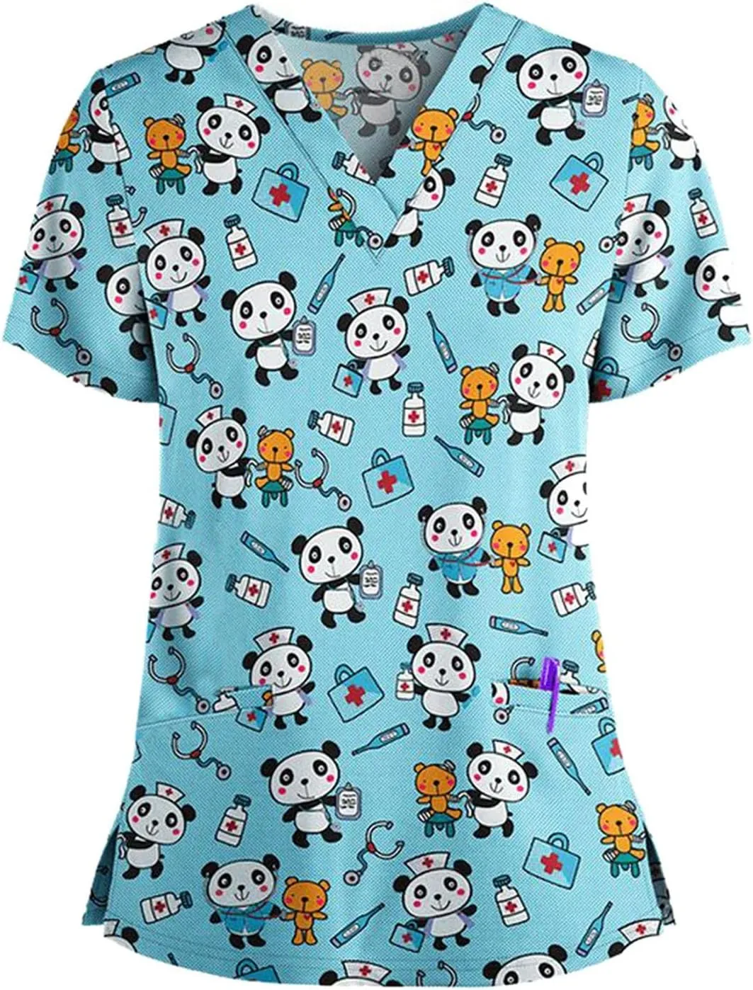 HXHYQKP Womens Scrub Tops Stretchy Nurse Scrubs Work Uniform Plus Size Nursing Scrubs with Pockets Happy New Year 2025