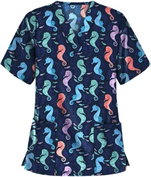 HXHYQKP Womens Scrub Tops Stretchy Nurse Scrubs Work Uniform Plus Size Nursing Scrubs with Pockets Happy New Year 2025