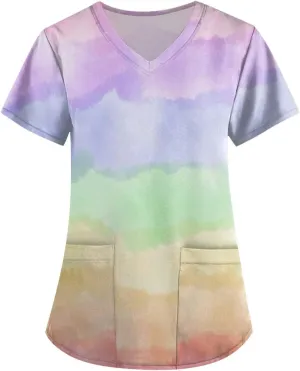 HXHYQKP Womens Scrub Tops Stretchy Nurse Scrubs Work Uniform Plus Size Nursing Scrubs with Pockets Happy New Year 2025