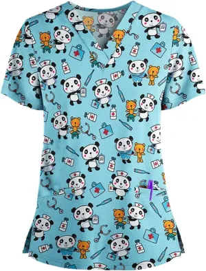 HXHYQKP Womens Scrub Tops Stretchy Nurse Scrubs Work Uniform Plus Size Nursing Scrubs with Pockets Happy New Year 2025
