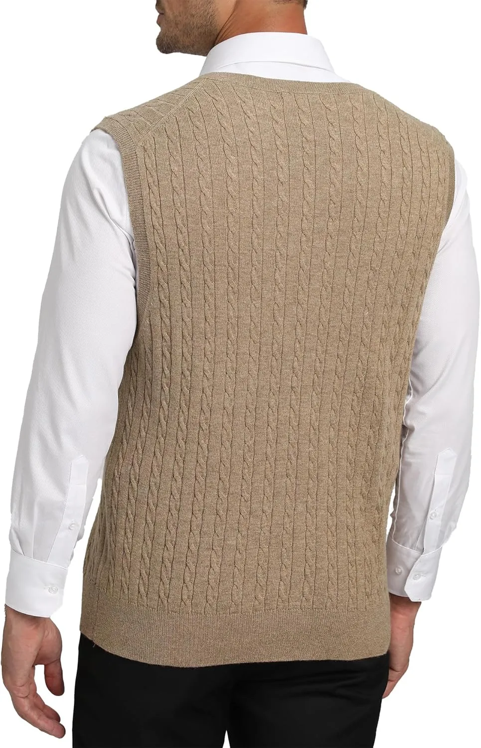 Kallspin Men’s Wool Blended Cable Knit Sweater Vest V Neck Relaxed Fit Sleeveless Pullovers