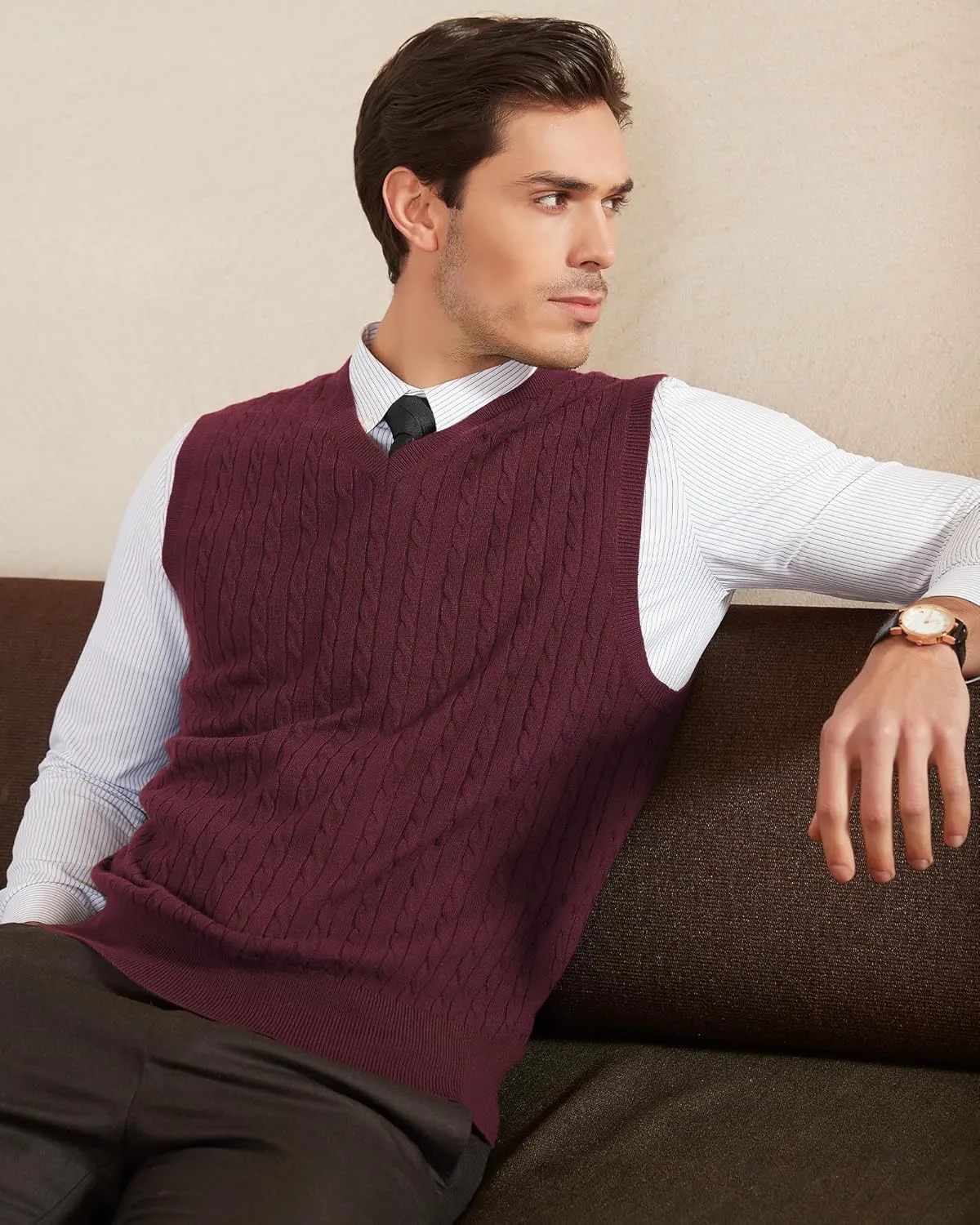 Kallspin Men’s Wool Blended Cable Knit Sweater Vest V Neck Relaxed Fit Sleeveless Pullovers