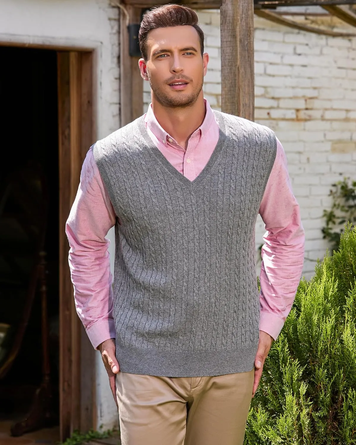 Kallspin Men’s Wool Blended Cable Knit Sweater Vest V Neck Relaxed Fit Sleeveless Pullovers