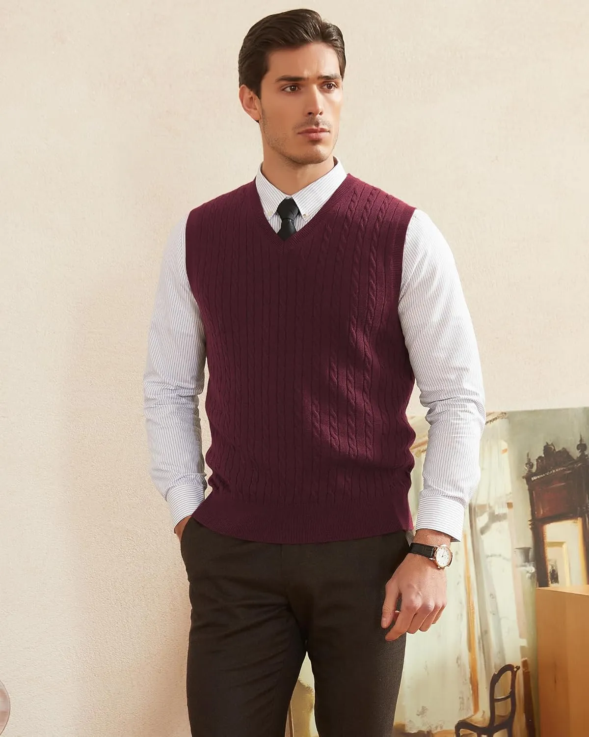 Kallspin Men’s Wool Blended Cable Knit Sweater Vest V Neck Relaxed Fit Sleeveless Pullovers