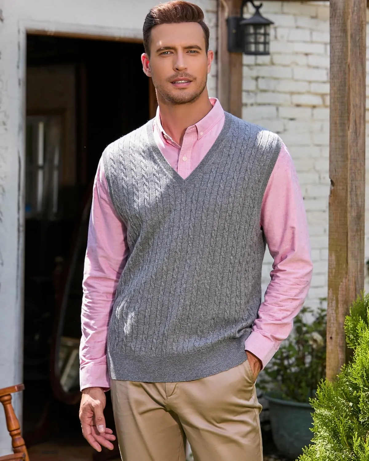 Kallspin Men’s Wool Blended Cable Knit Sweater Vest V Neck Relaxed Fit Sleeveless Pullovers