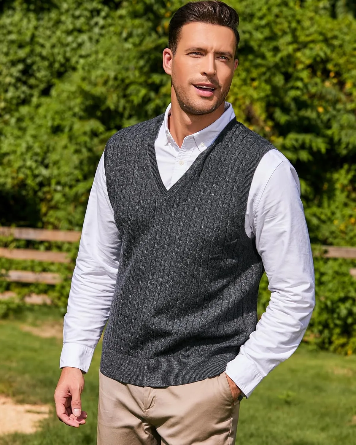 Kallspin Men’s Wool Blended Cable Knit Sweater Vest V Neck Relaxed Fit Sleeveless Pullovers