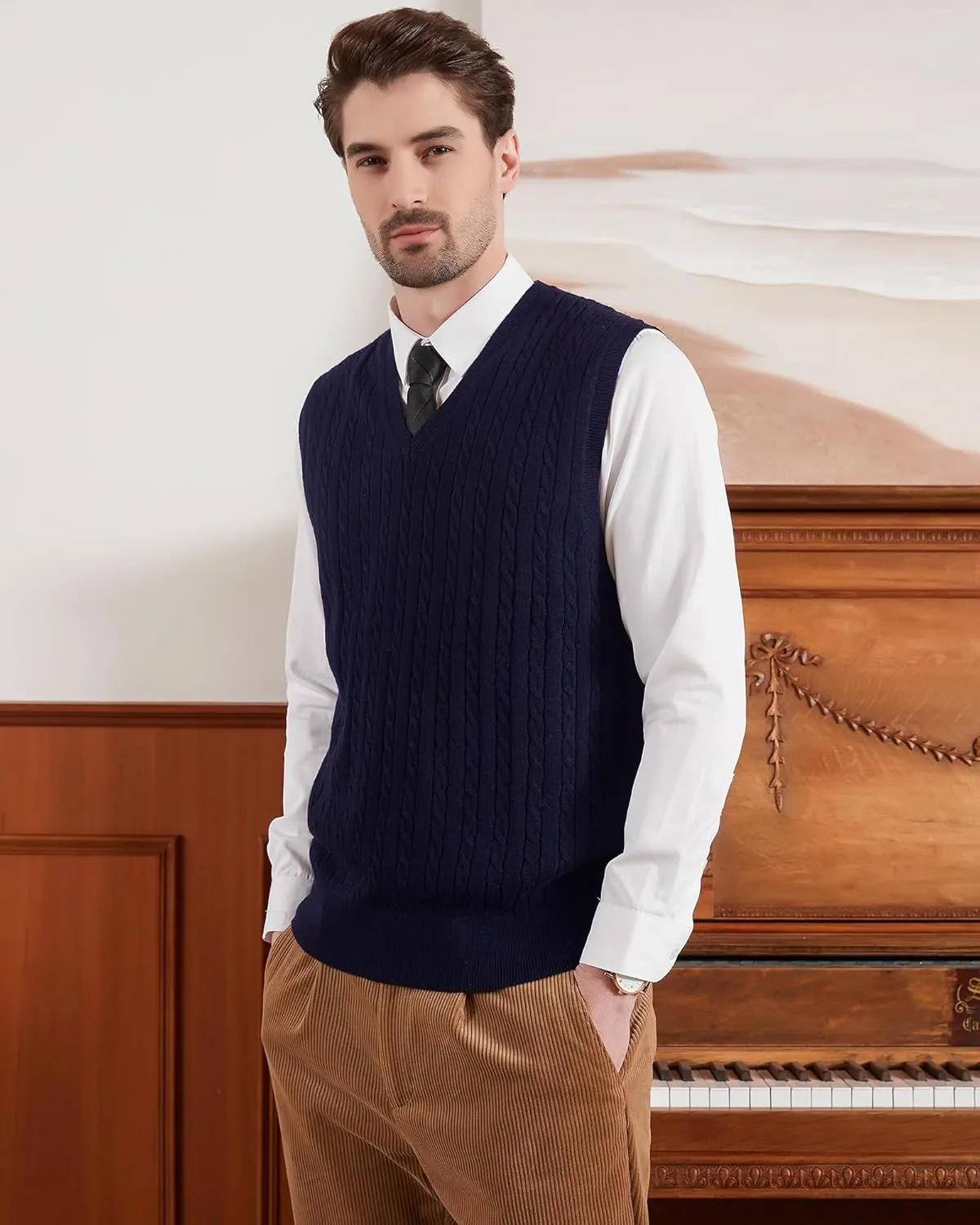 Kallspin Men’s Wool Blended Cable Knit Sweater Vest V Neck Relaxed Fit Sleeveless Pullovers
