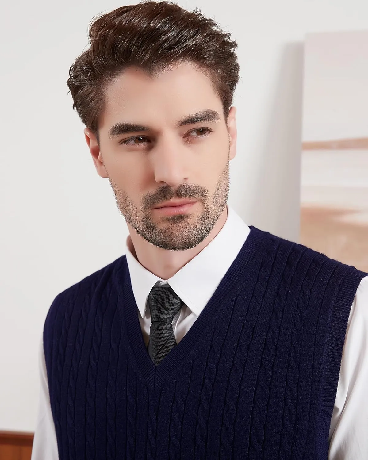 Kallspin Men’s Wool Blended Cable Knit Sweater Vest V Neck Relaxed Fit Sleeveless Pullovers