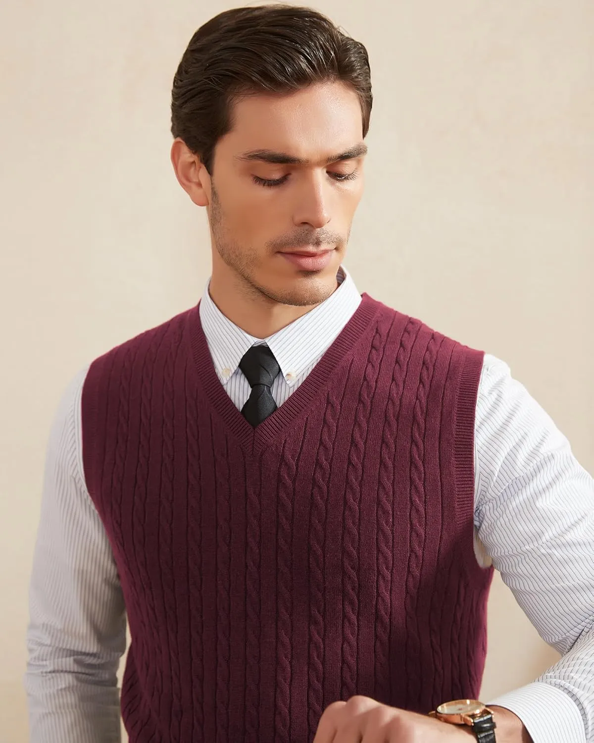 Kallspin Men’s Wool Blended Cable Knit Sweater Vest V Neck Relaxed Fit Sleeveless Pullovers