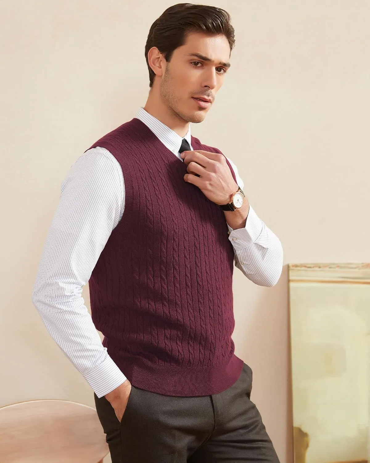 Kallspin Men’s Wool Blended Cable Knit Sweater Vest V Neck Relaxed Fit Sleeveless Pullovers