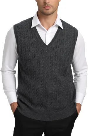 Kallspin Men’s Wool Blended Cable Knit Sweater Vest V Neck Relaxed Fit Sleeveless Pullovers