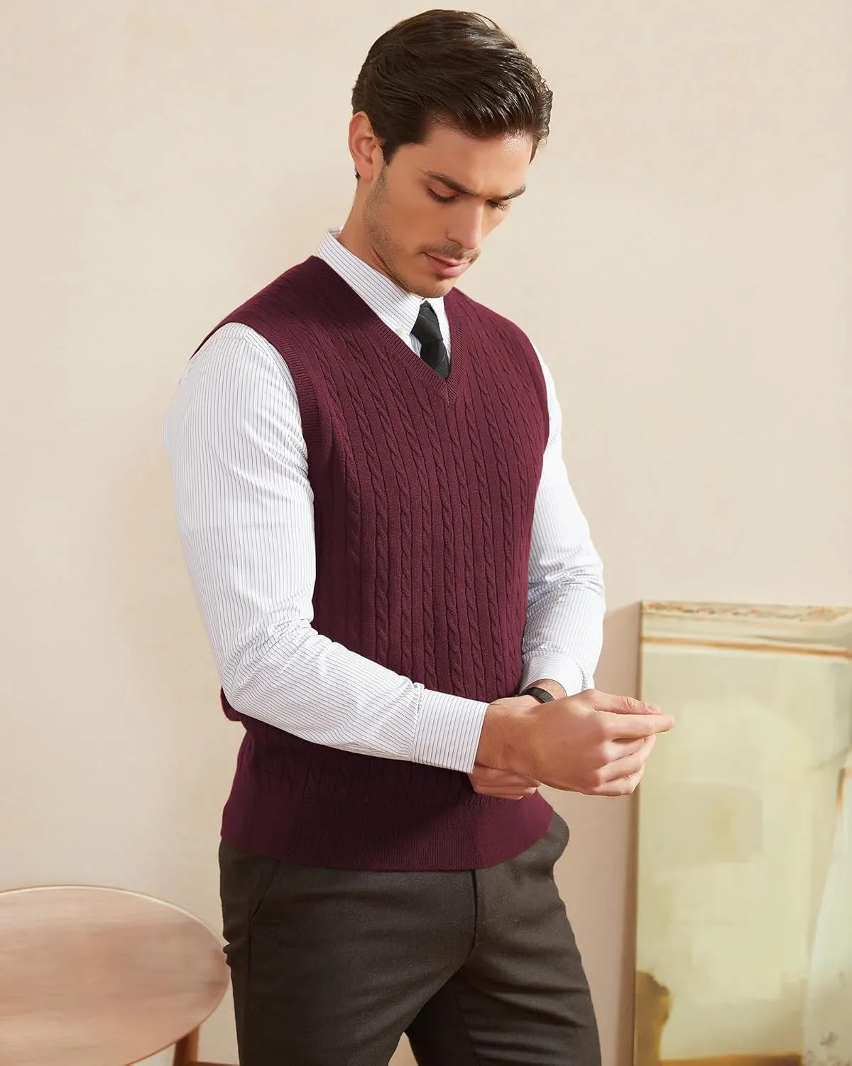 Kallspin Men’s Wool Blended Cable Knit Sweater Vest V Neck Relaxed Fit Sleeveless Pullovers
