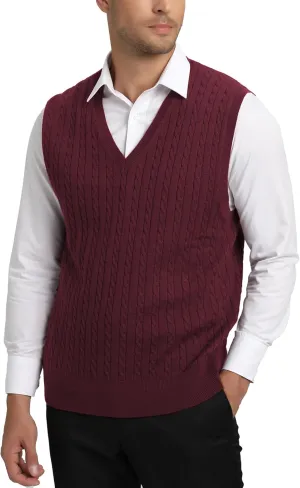 Kallspin Men’s Wool Blended Cable Knit Sweater Vest V Neck Relaxed Fit Sleeveless Pullovers