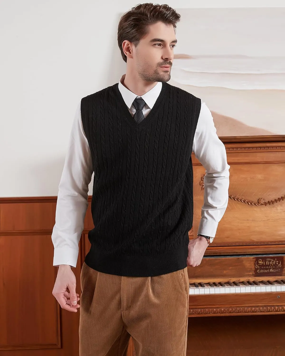Kallspin Men’s Wool Blended Cable Knit Sweater Vest V Neck Relaxed Fit Sleeveless Pullovers