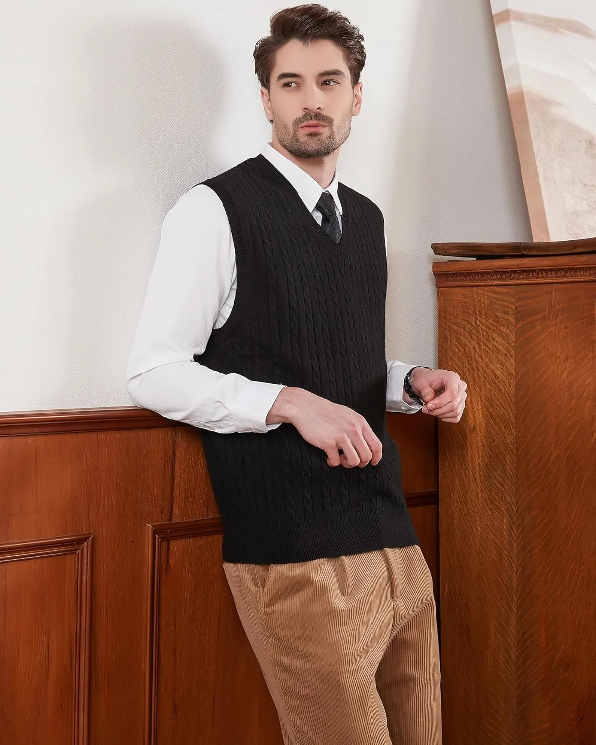 Kallspin Mens Wool Blended Cable Knit Sweater Vest V Neck Relaxed Fit Sleeveless Pullovers