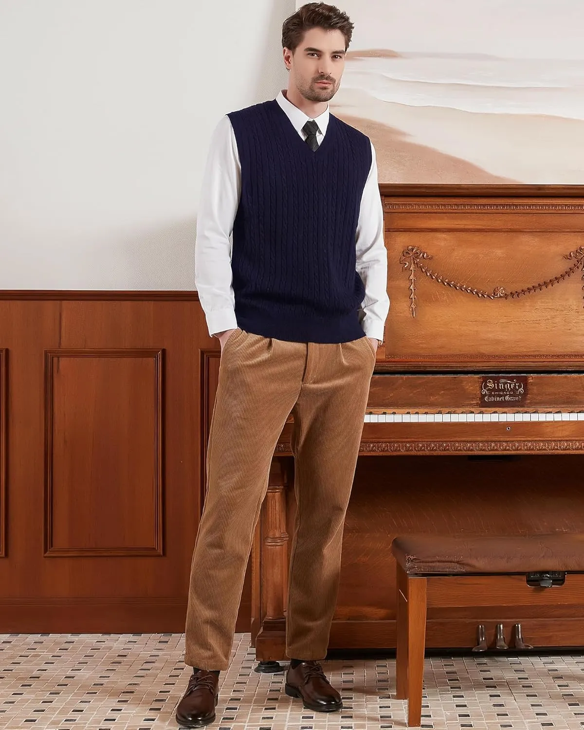 Kallspin Men’s Wool Blended Cable Knit Sweater Vest V Neck Relaxed Fit Sleeveless Pullovers