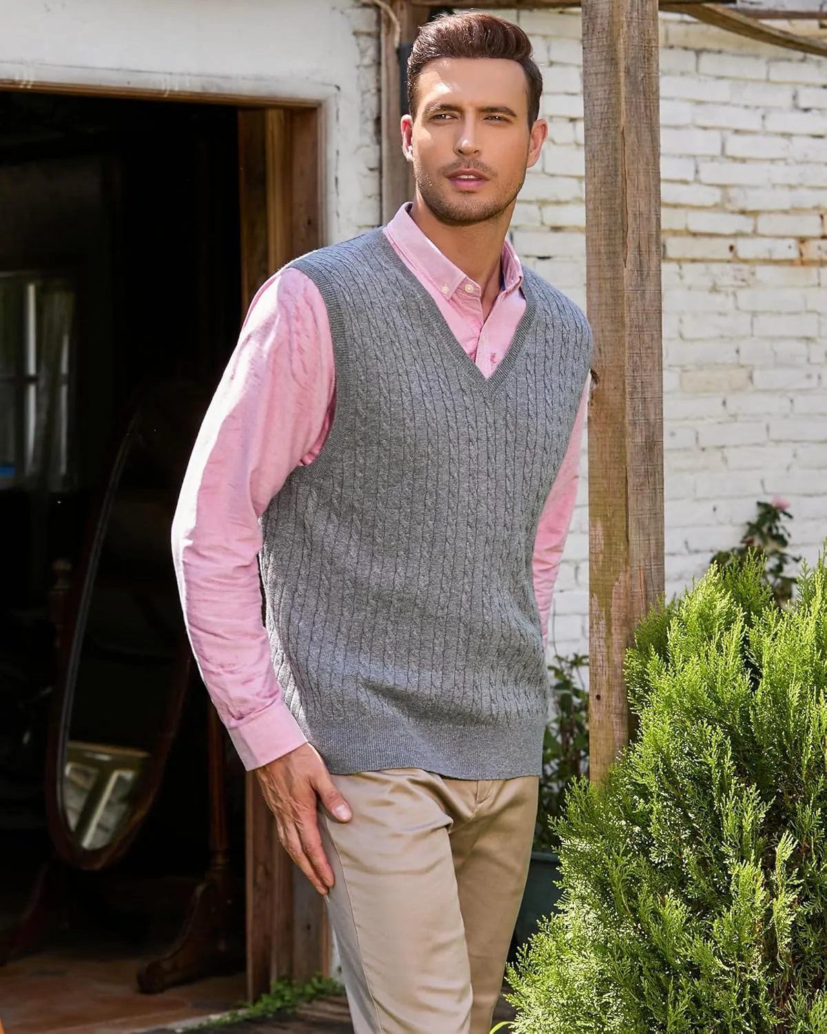 Kallspin Men’s Wool Blended Cable Knit Sweater Vest V Neck Relaxed Fit Sleeveless Pullovers