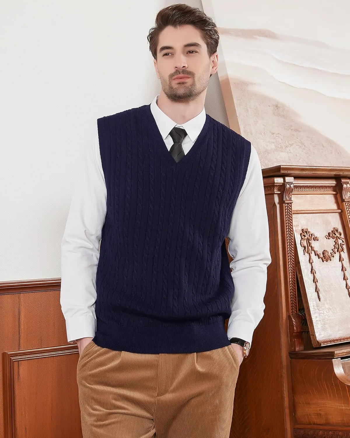 Kallspin Men’s Wool Blended Cable Knit Sweater Vest V Neck Relaxed Fit Sleeveless Pullovers