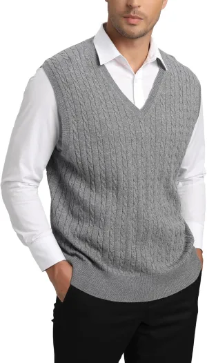 Kallspin Men’s Wool Blended Cable Knit Sweater Vest V Neck Relaxed Fit Sleeveless Pullovers