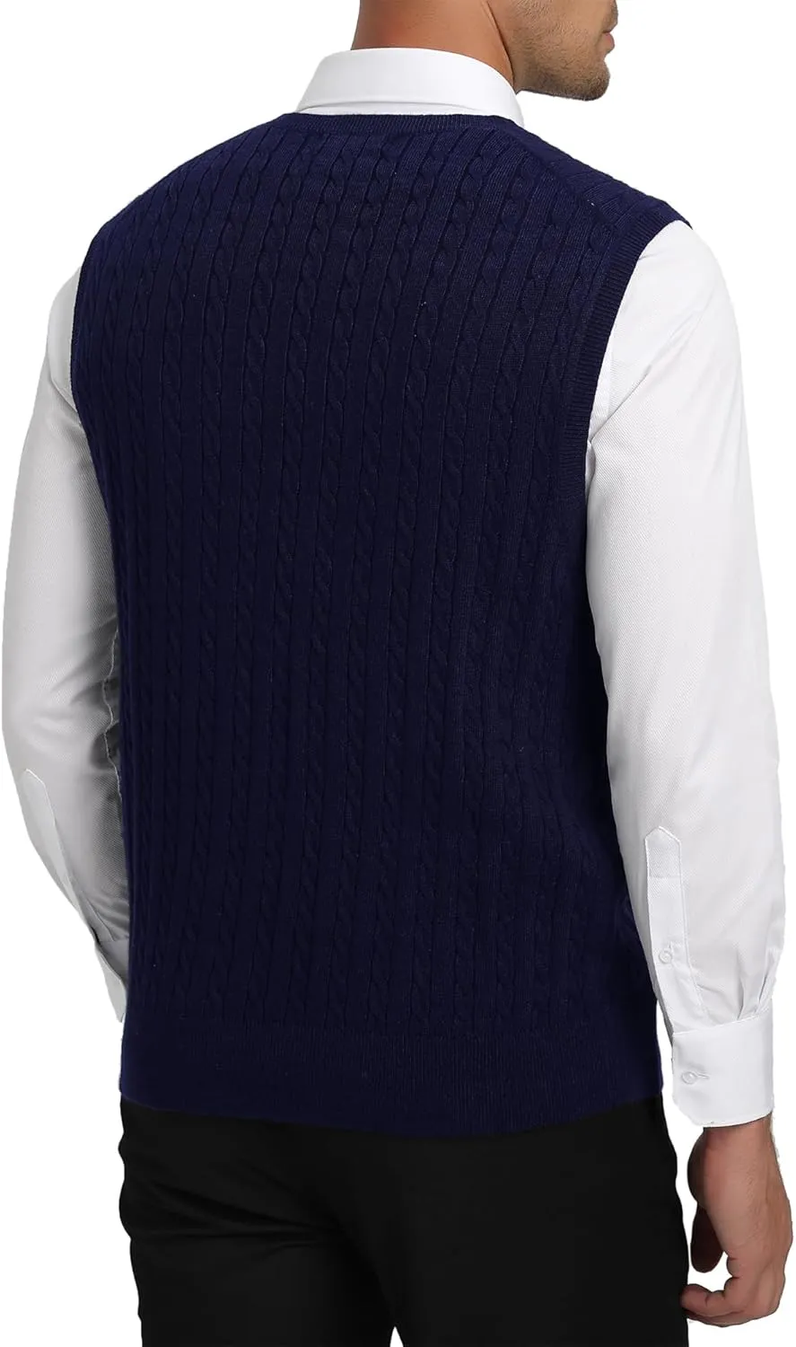 Kallspin Men’s Wool Blended Cable Knit Sweater Vest V Neck Relaxed Fit Sleeveless Pullovers