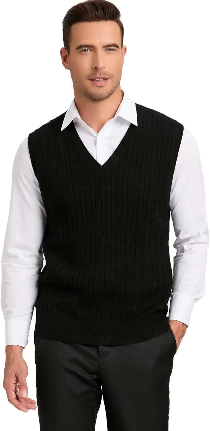 Kallspin Men’s Wool Blended Cable Knit Sweater Vest V Neck Relaxed Fit Sleeveless Pullovers