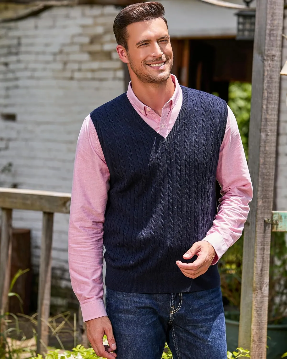 Kallspin Men’s Wool Blended Cable Knit Sweater Vest V Neck Relaxed Fit Sleeveless Pullovers
