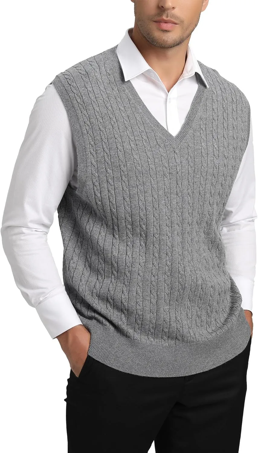 Kallspin Men’s Wool Blended Cable Knit Sweater Vest V Neck Relaxed Fit Sleeveless Pullovers