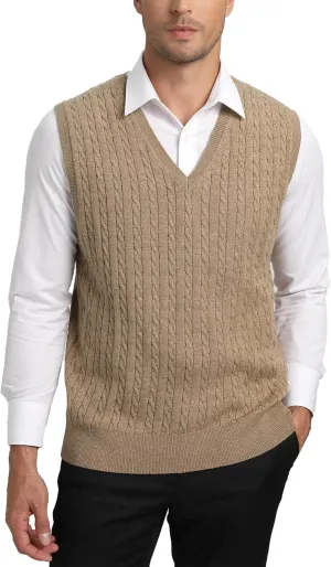 Kallspin Men’s Wool Blended Cable Knit Sweater Vest V Neck Relaxed Fit Sleeveless Pullovers