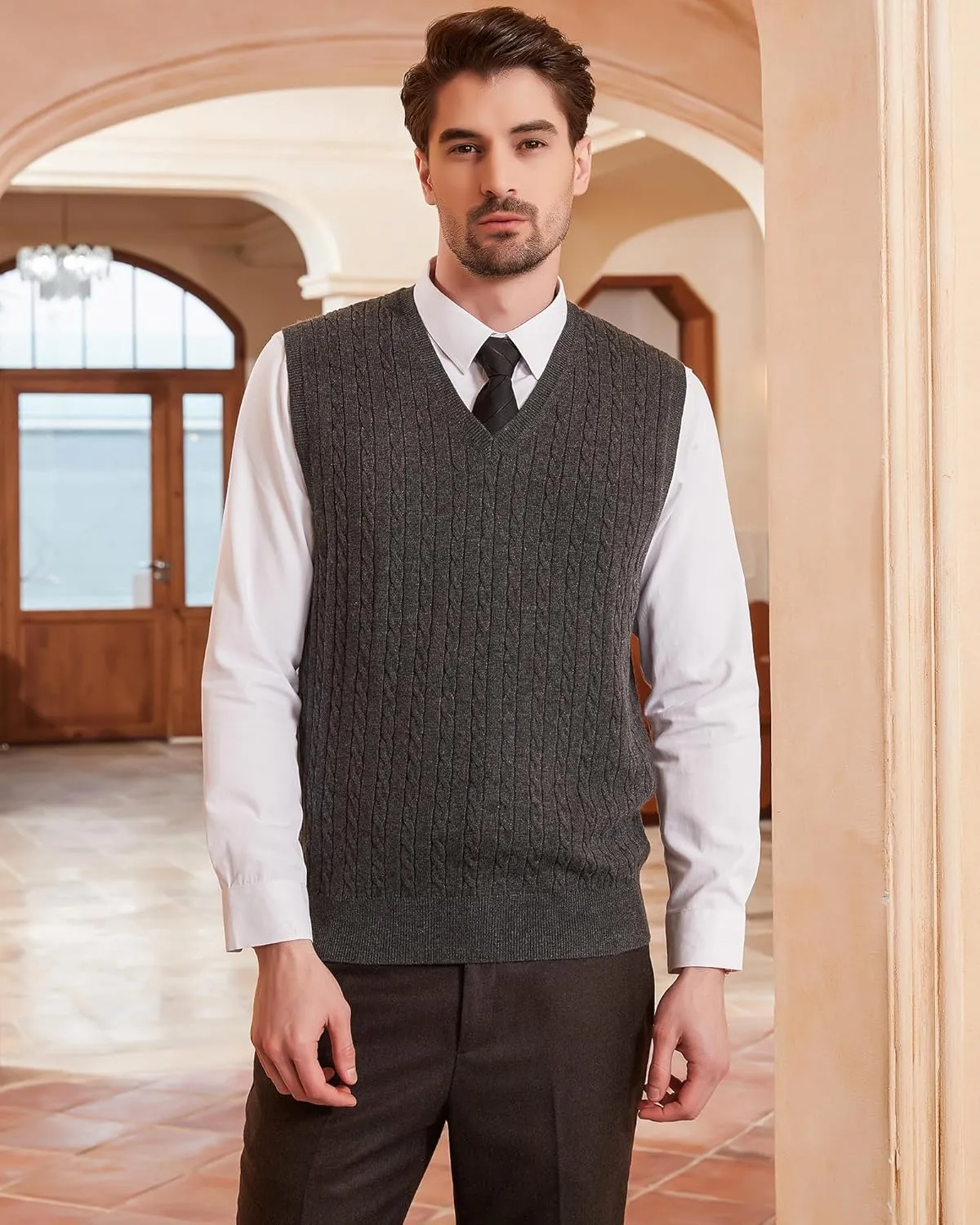 Kallspin Men’s Wool Blended Cable Knit Sweater Vest V Neck Relaxed Fit Sleeveless Pullovers