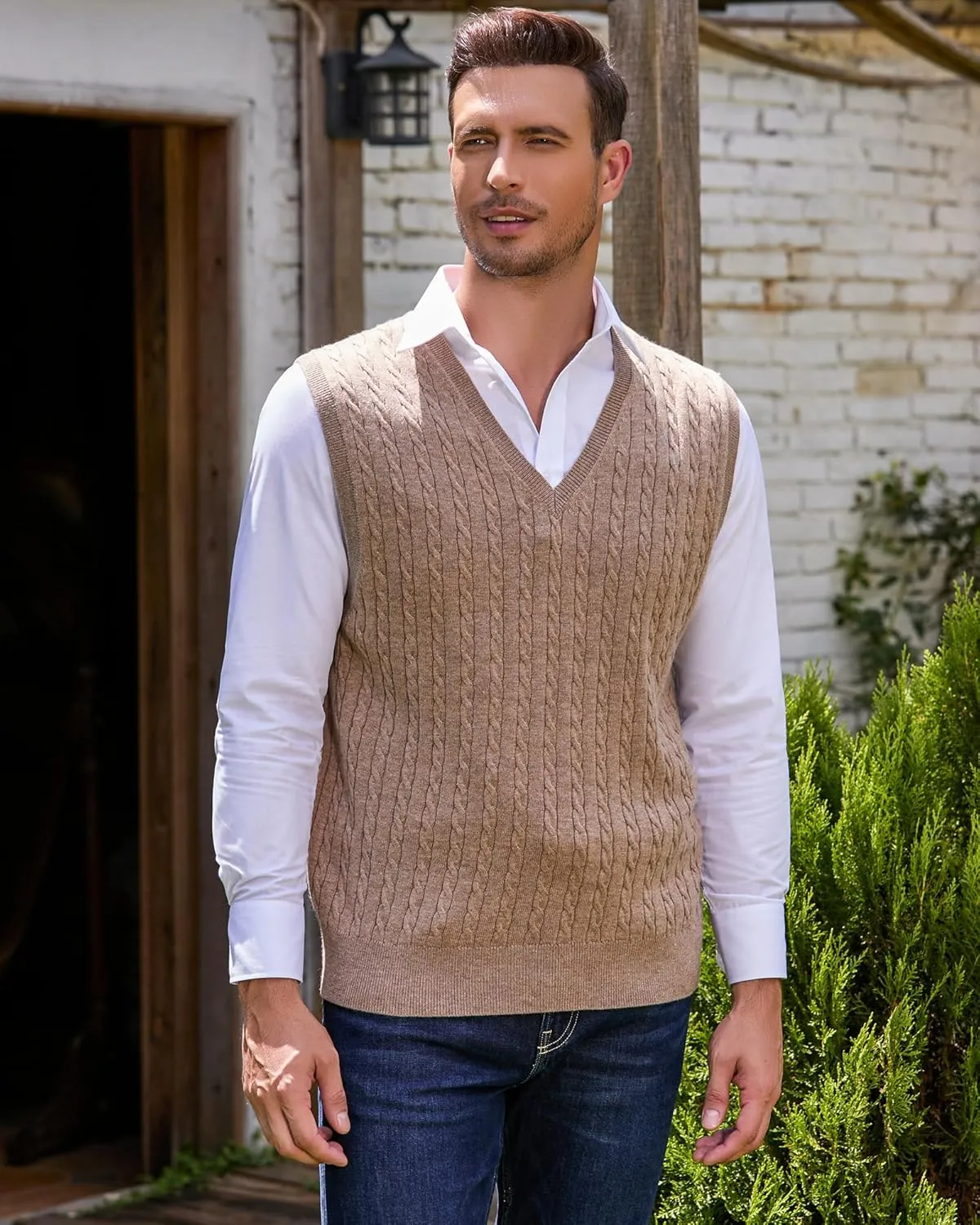 Kallspin Men’s Wool Blended Cable Knit Sweater Vest V Neck Relaxed Fit Sleeveless Pullovers