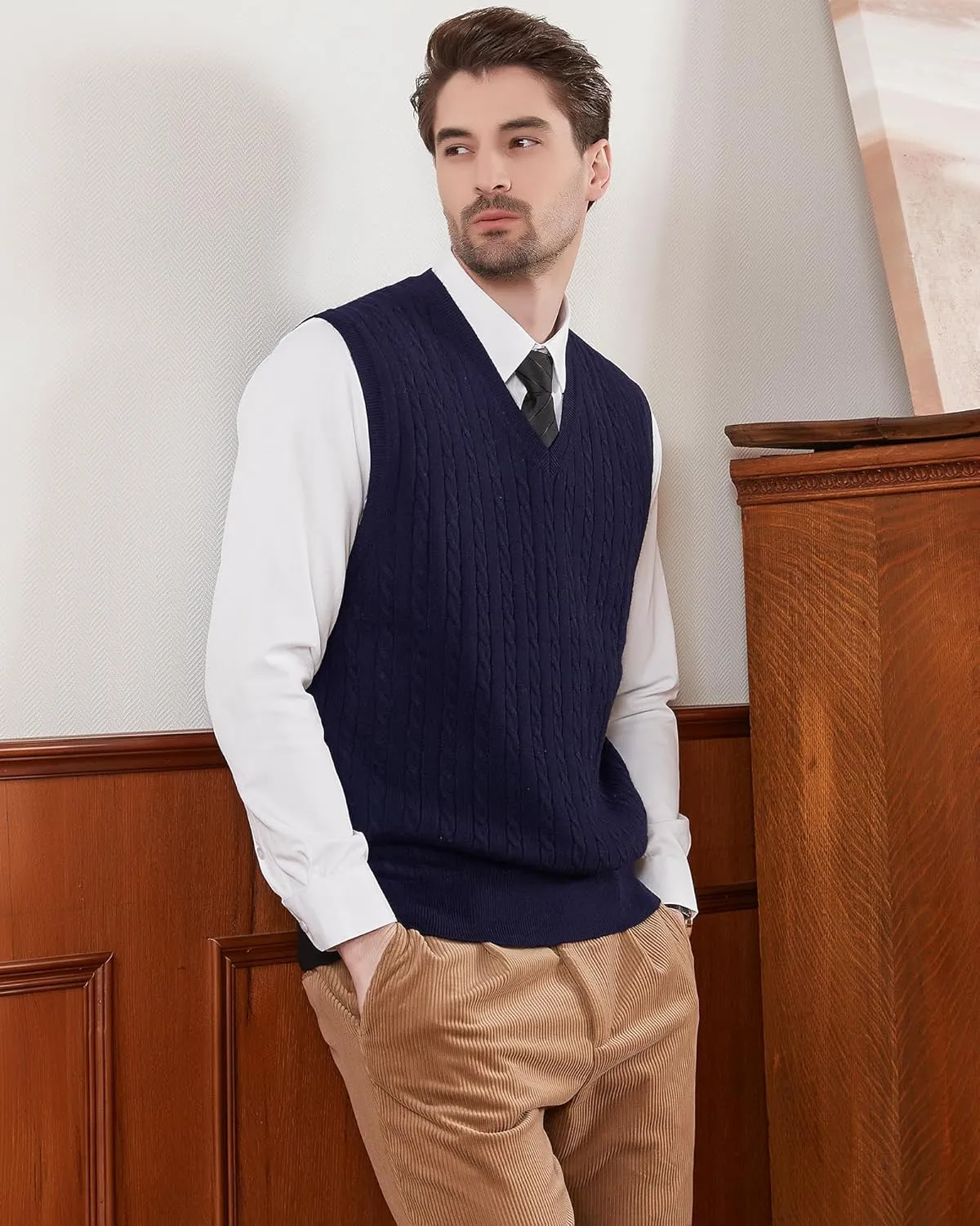 Kallspin Men’s Wool Blended Cable Knit Sweater Vest V Neck Relaxed Fit Sleeveless Pullovers