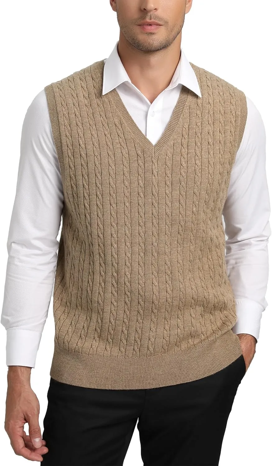 Kallspin Men’s Wool Blended Cable Knit Sweater Vest V Neck Relaxed Fit Sleeveless Pullovers