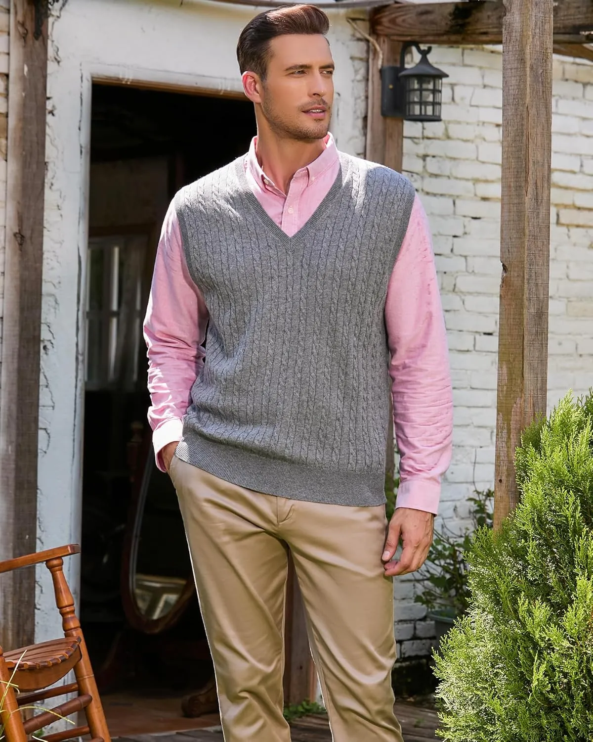 Kallspin Men’s Wool Blended Cable Knit Sweater Vest V Neck Relaxed Fit Sleeveless Pullovers