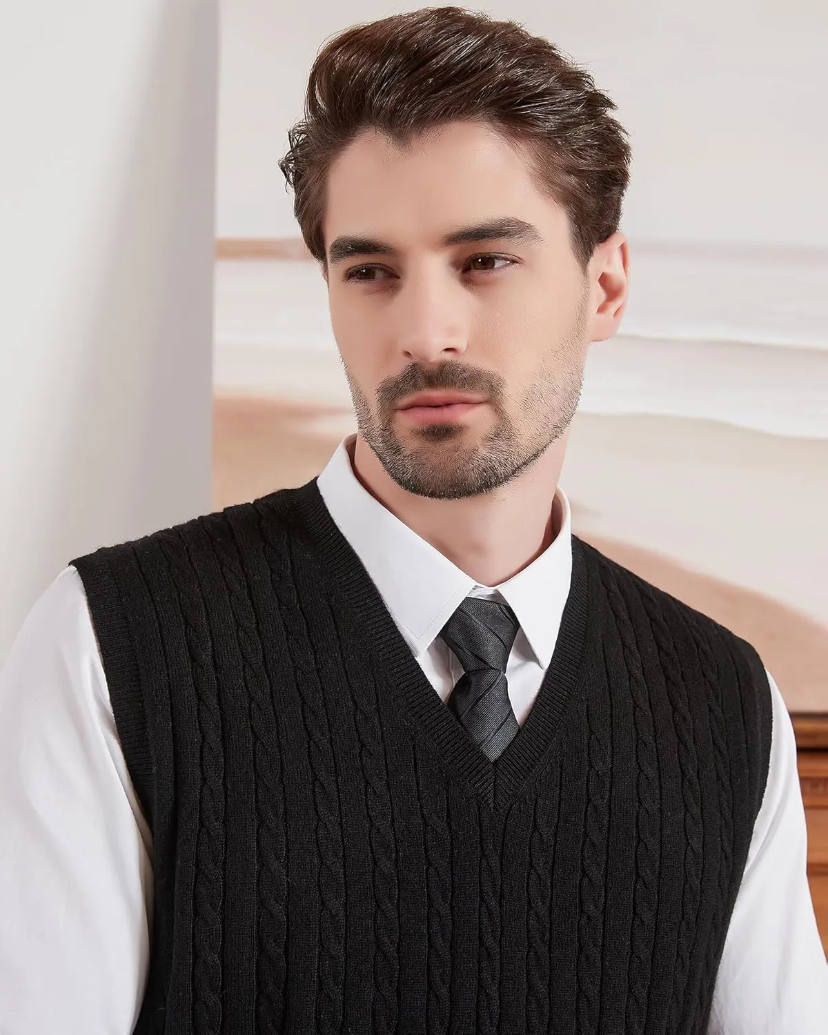 Kallspin Men’s Wool Blended Cable Knit Sweater Vest V Neck Relaxed Fit Sleeveless Pullovers