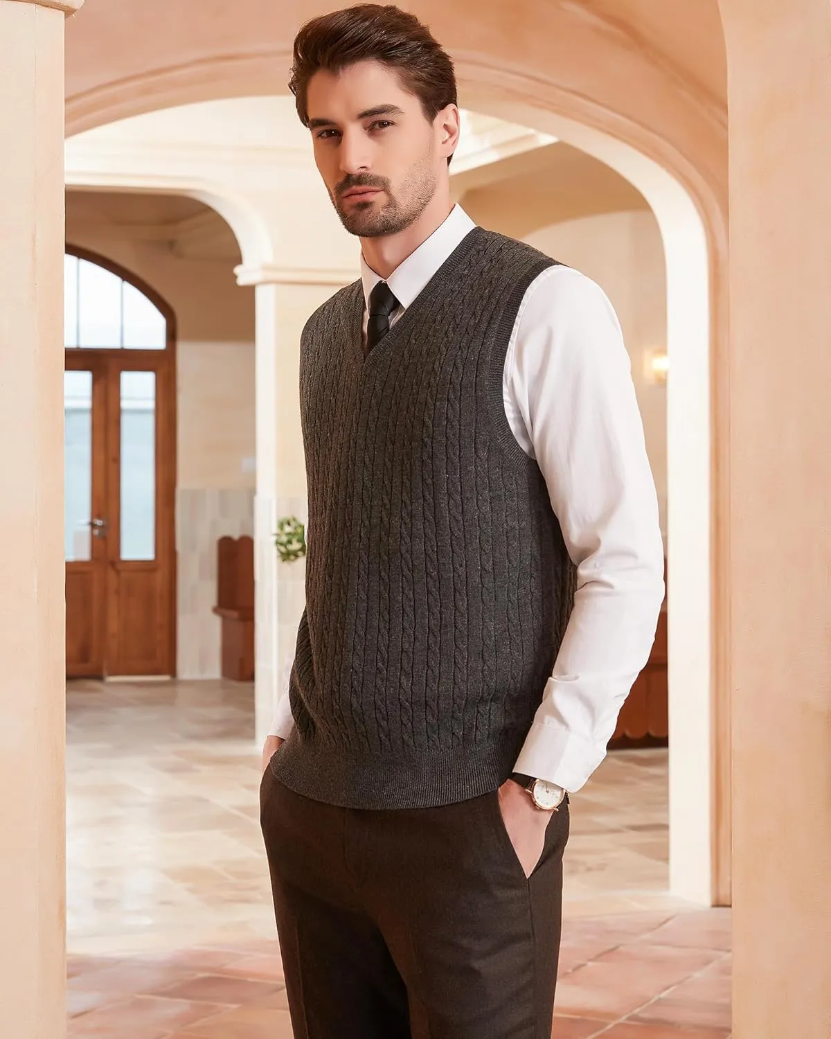 Kallspin Men’s Wool Blended Cable Knit Sweater Vest V Neck Relaxed Fit Sleeveless Pullovers