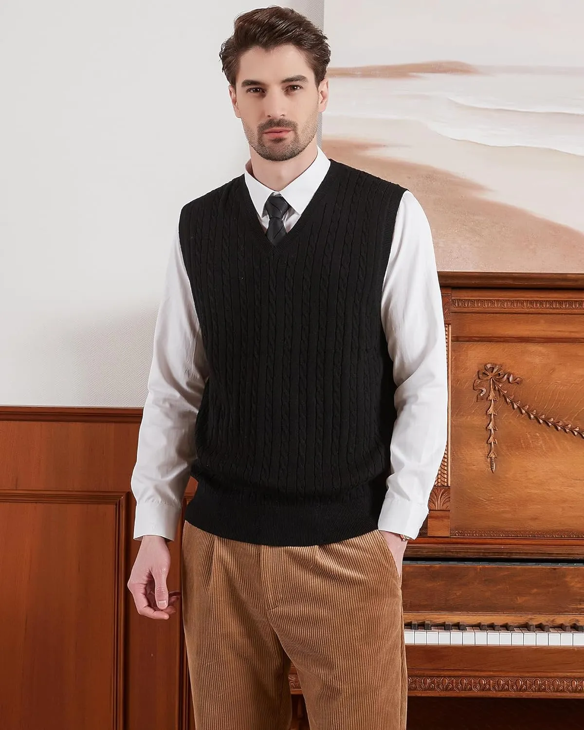 Kallspin Men’s Wool Blended Cable Knit Sweater Vest V Neck Relaxed Fit Sleeveless Pullovers