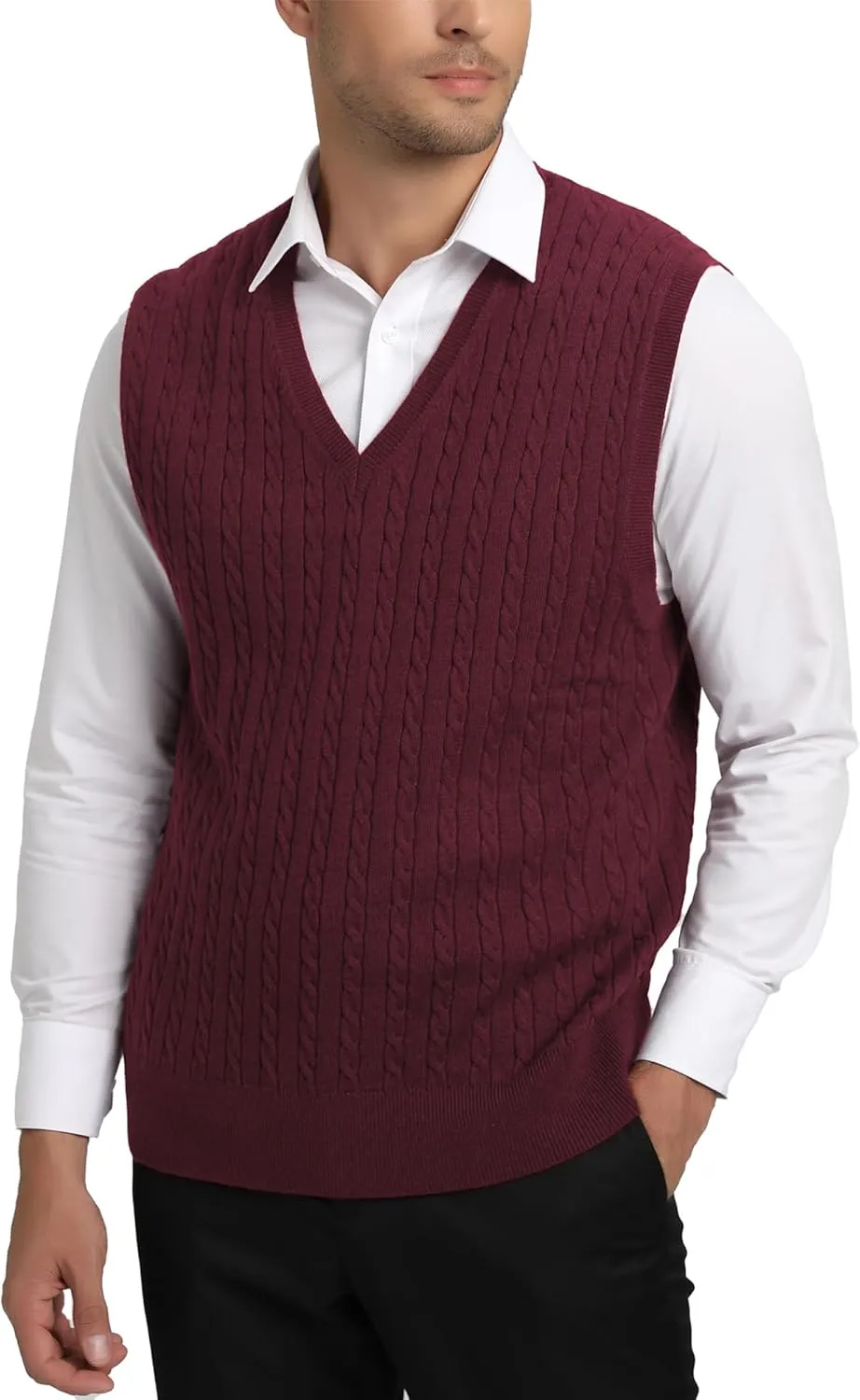 Kallspin Men’s Wool Blended Cable Knit Sweater Vest V Neck Relaxed Fit Sleeveless Pullovers