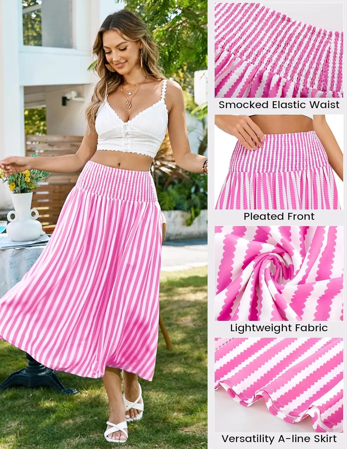 Kate Kasin Women Smocked Summer Beach Skirt Flowy Boho Maxi Long Skirt A Line Striped Tummy Control Skirts 2025 Trendy