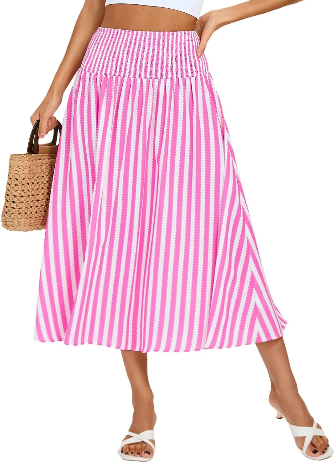 Kate Kasin Women Smocked Summer Beach Skirt Flowy Boho Maxi Long Skirt A Line Striped Tummy Control Skirts 2025 Trendy