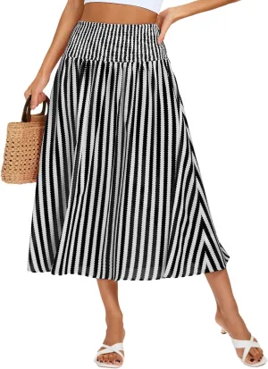 Kate Kasin Women Smocked Summer Beach Skirt Flowy Boho Maxi Long Skirt A Line Striped Tummy Control Skirts 2025 Trendy
