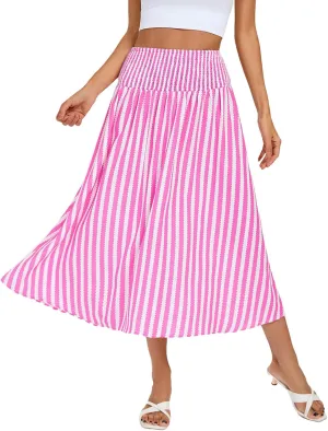 Kate Kasin Women Smocked Summer Beach Skirt Flowy Boho Maxi Long Skirt A Line Striped Tummy Control Skirts 2025 Trendy