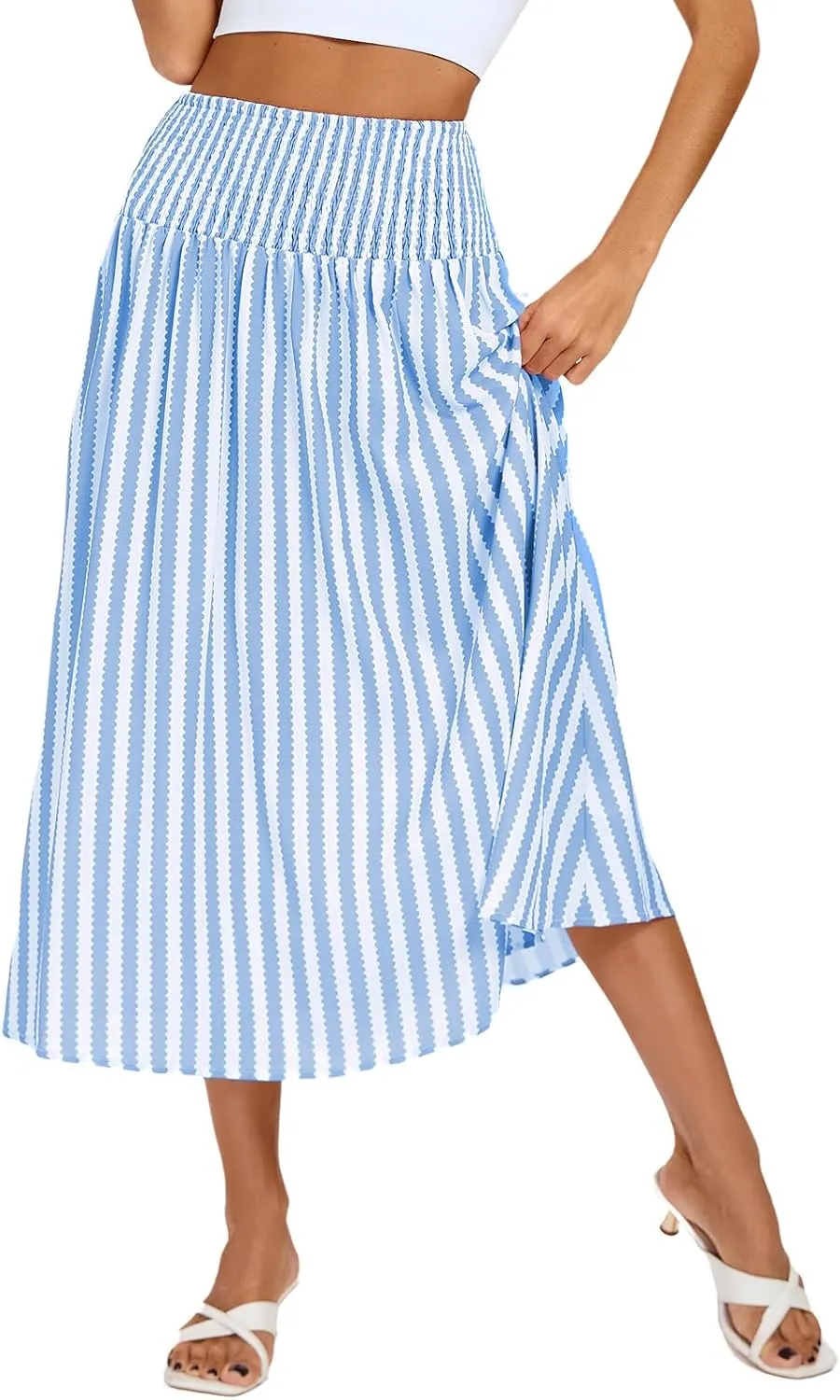 Kate Kasin Women Smocked Summer Beach Skirt Flowy Boho Maxi Long Skirt A Line Striped Tummy Control Skirts 2025 Trendy