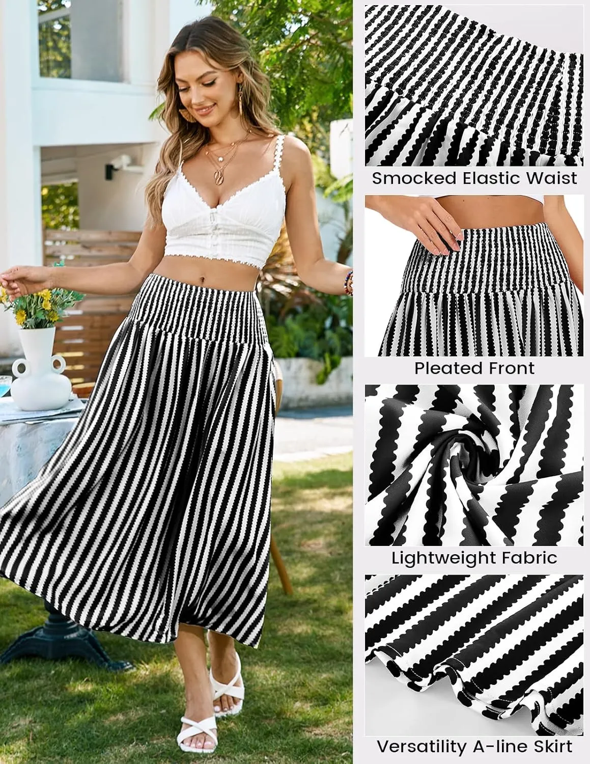 Kate Kasin Women Smocked Summer Beach Skirt Flowy Boho Maxi Long Skirt A Line Striped Tummy Control Skirts 2025 Trendy