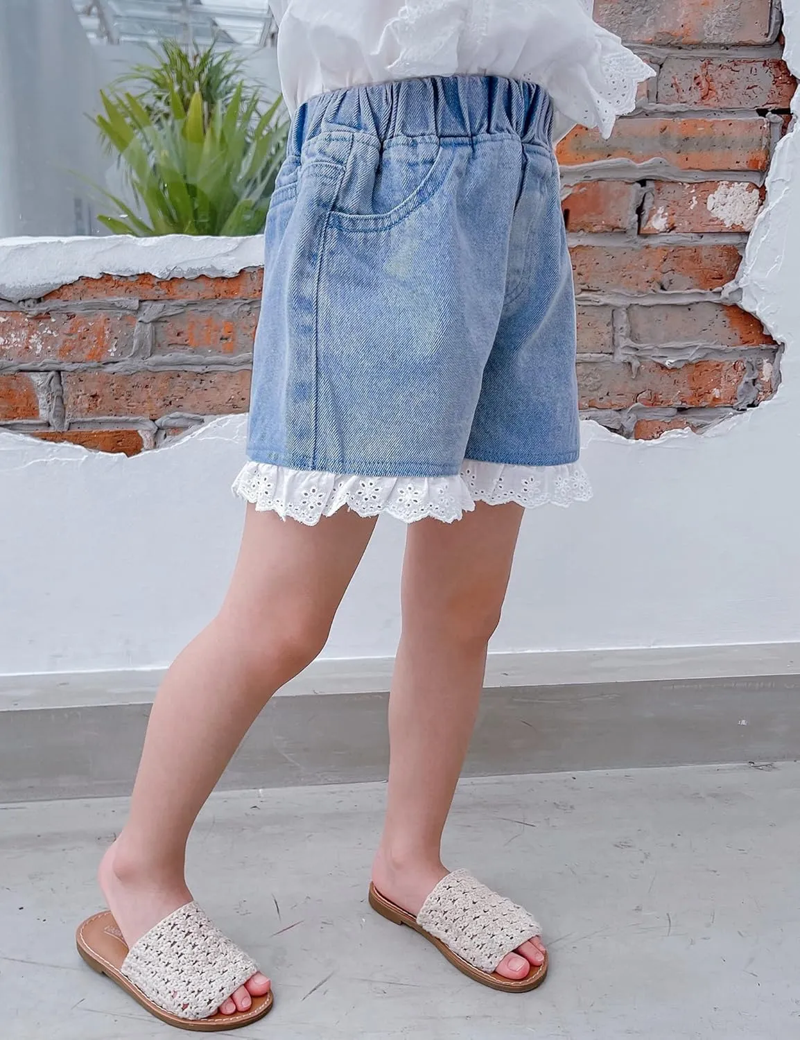 Kiench Girls' Casual Denim Shorts Summer Soft Pull On High Waisted with Pockets 3-Pack