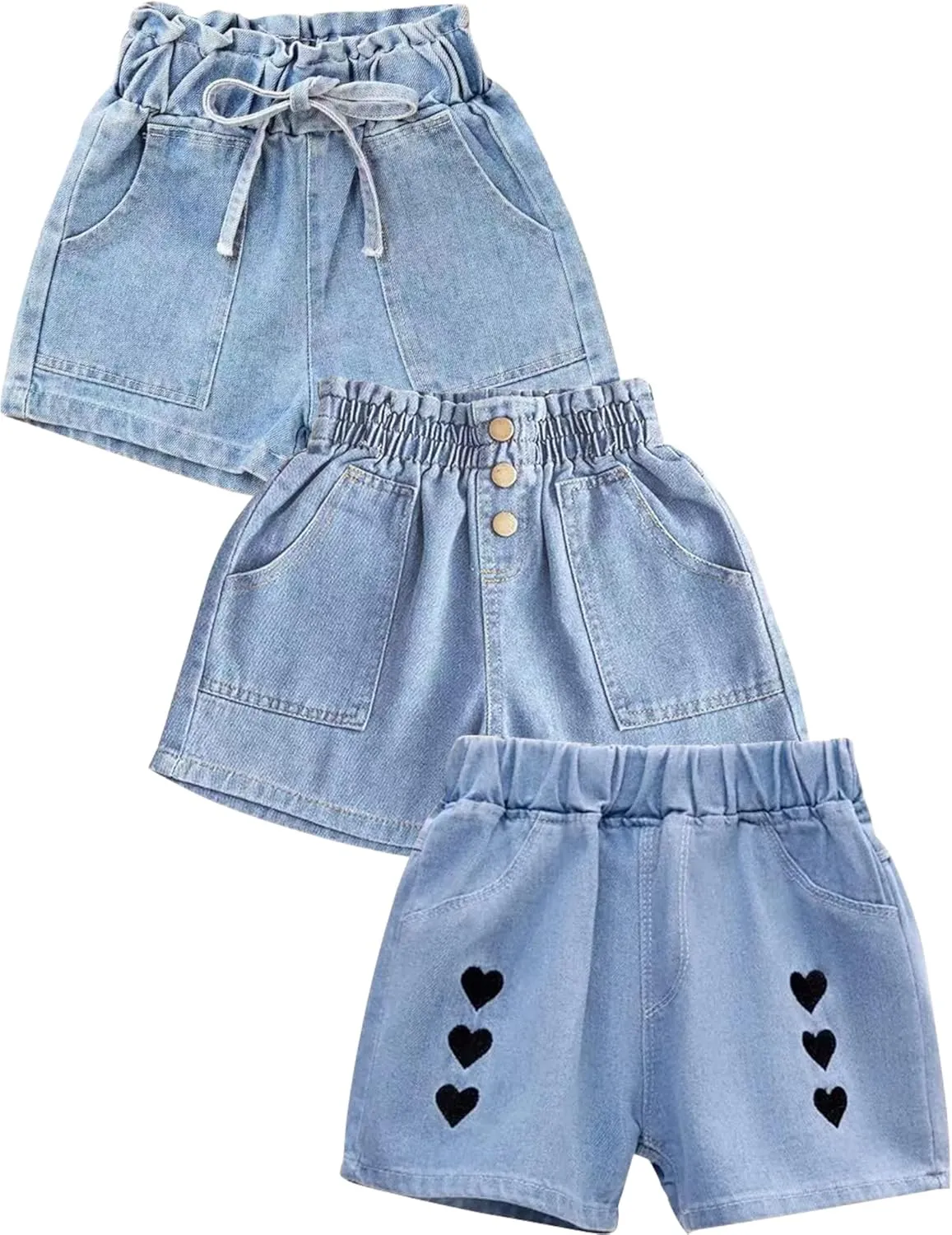Kiench Girls' Casual Denim Shorts Summer Soft Pull On High Waisted with Pockets 3-Pack