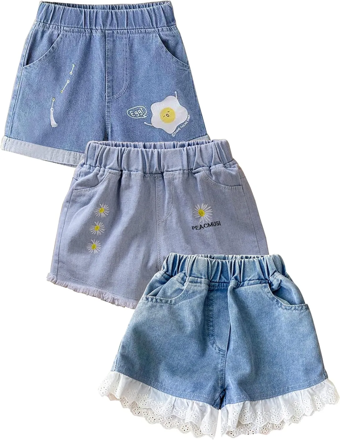 Kiench Girls' Casual Denim Shorts Summer Soft Pull On High Waisted with Pockets 3-Pack