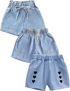 Kiench Girls' Casual Denim Shorts Summer Soft Pull On High Waisted with Pockets 3-Pack